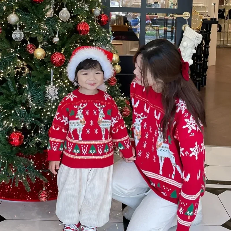 Plant Parent Clothing - ครอบครัวคริสต์มาส Reindeer Tree เสื้อกันหนาวเด็กสีแดงถักจัมเปอร์พ่อแม่และลูกสาวเดียวกันเสื้อผ้า Tops